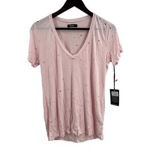 Michael Lauren Pink Distressed Ziggy V Neck Tee Small New